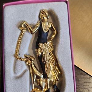 Gold and Black Woman with Dog Brooch Pin - Elegant Fashion Jewelry